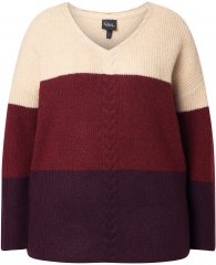 Ulla Popken Cable Knit Block Stripe V-Neck Sweater Dark Ruby