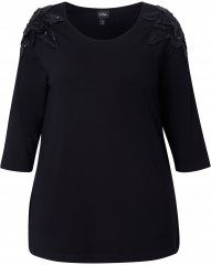 Ulla Popken Flower Epaulet 3/4 Sleeve Top Black