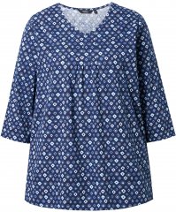 Ulla Popken Graphic Print Pleated 3/4 Sleeve Tee Blue