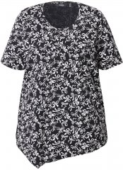 Ulla Popken Bow Print Short Sleeve Pointed Hem Tee Black