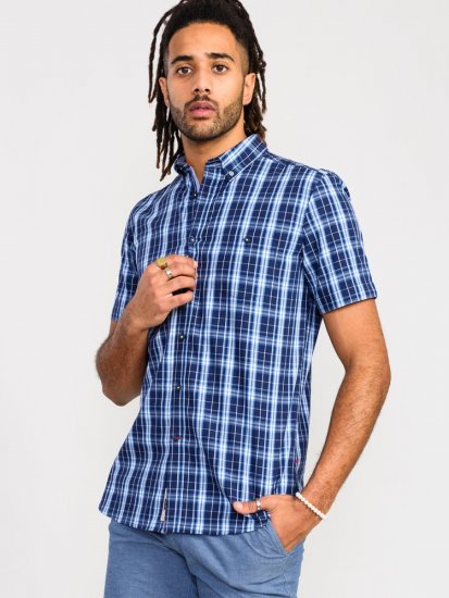D555 Walcot Check Button Down Collar S/S Shirt Navy - Camisas - Camisas Homem Tamanhos Grandes