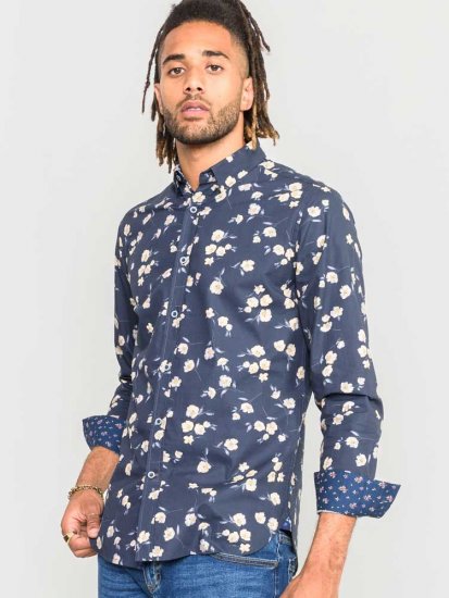 D555 Rooksey Floral Print Shirt Navy - Camisas - Camisas Homem Tamanhos Grandes