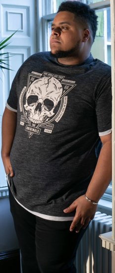 D555 DARREN Skull Printed T-Shirt With Double Layer On Hem & Cuff Black Reno - T-shirts - T-shirts Homem Tamanhos Grandes