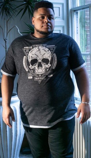 D555 DARREN Skull Printed T-Shirt With Double Layer On Hem & Cuff Black Reno - T-shirts - T-shirts Homem Tamanhos Grandes