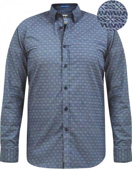 D555 MANGALA Geometric AOP Long Sleeve Shirt With Concealed Button Down Collar Navy - Camisas - Camisas Homem Tamanhos Grandes