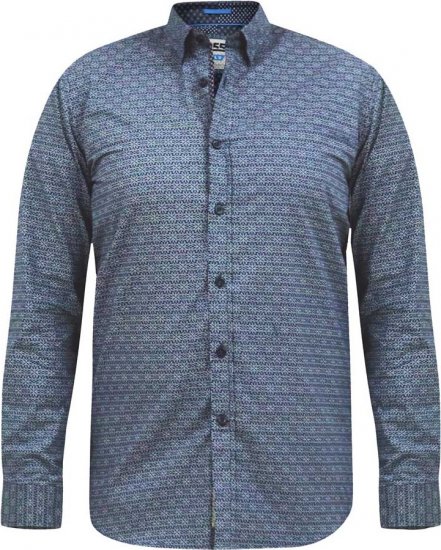 D555 MANGALA Geometric AOP Long Sleeve Shirt With Concealed Button Down Collar Navy - Camisas - Camisas Homem Tamanhos Grandes