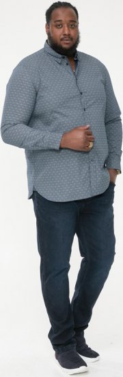 D555 MANGALA Geometric AOP Long Sleeve Shirt With Concealed Button Down Collar Navy - Camisas - Camisas Homem Tamanhos Grandes