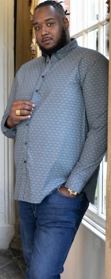 D555 MANGALA Geometric AOP Long Sleeve Shirt With Concealed Button Down Collar Navy - Camisas - Camisas Homem Tamanhos Grandes