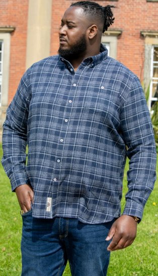 D555 SONNY Navy Check Long Sleeve Shirt With Chest Patch Pocket & Button Down Collar Navy Check - Camisas - Camisas Homem Tamanhos Grandes