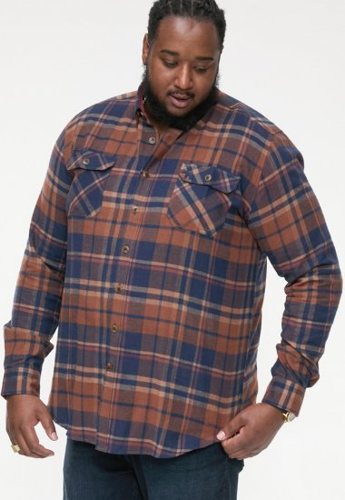 D555 SHERLOCK Check Overshirt With Two Patch Pockets & Button Down Collar Navy - Camisas - Camisas Homem Tamanhos Grandes
