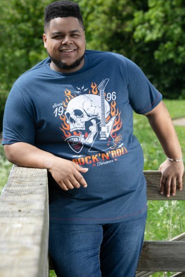 D555 NEAL Skull With Flames Printed Crew Neck T-Shirt Navy/Blue Twist - T-shirts - T-shirts Homem Tamanhos Grandes