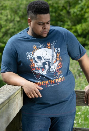 D555 NEAL Skull With Flames Printed Crew Neck T-Shirt Navy/Blue Twist - T-shirts - T-shirts Homem Tamanhos Grandes