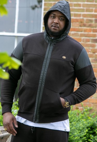 D555 DEAN Couture Zip Through Hoody With Woven Contrast Fabric Trim Black - Sweatshirts & hoodies - Sweatshirt & Camisolas com Capuz tamanhos grandes