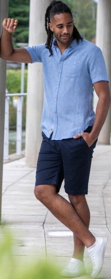 D555 Falmouth 1 Linen Mix Short Sleeve Shirt With Button Down Blue - Camisas - Camisas Homem Tamanhos Grandes