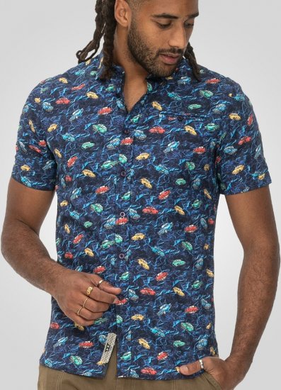 D555 Hartlepool Short Sleeve Vintage Car AOP Stretch Shirt Blue - Camisas - Camisas Homem Tamanhos Grandes