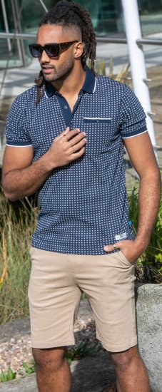 D555 Coventry AOP Polo Shirt Jacquard Collar & Ribbed Cuffs Navy - Pólos - Pólos Tamanhos Grandes Homem