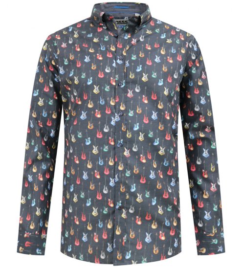 D555 Wakefield Long Sleeve AOP Guitar Printed Shirt Grey - Camisas - Camisas Homem Tamanhos Grandes
