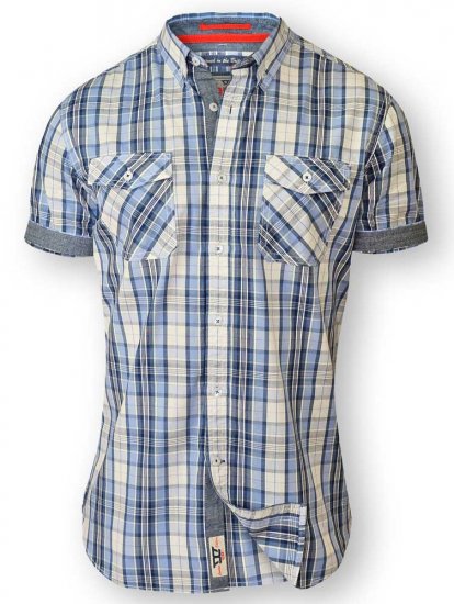 D555 FIDEL Twin Pocket Short Sleeve Blue & Ecru Check Shirt - Camisas - Camisas Homem Tamanhos Grandes