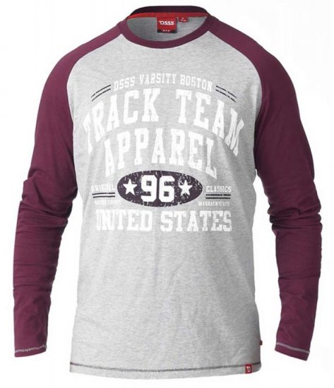 D555 KELTON Long Sleeve Raglan T-Shirt Grey/Burgundy - T-shirts - T-shirts Homem Tamanhos Grandes