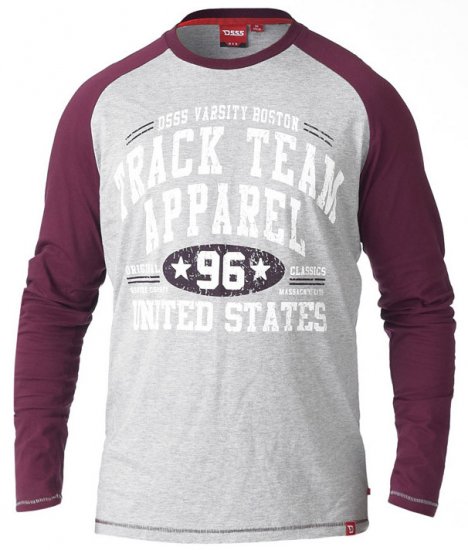 D555 KELTON Long Sleeve Raglan T-Shirt Grey/Burgundy - T-shirts - T-shirts Homem Tamanhos Grandes