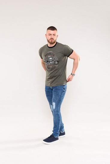 D555 Hereford Brooklyn Motorbike Printed Ringer T-Shirt Khaki - T-shirts - T-shirts Homem Tamanhos Grandes