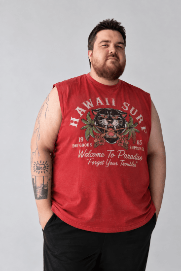 Kam Jeans 5763 Hawaii Surf Vest Sleeveless T-Shirt Washed Red - T-shirts - T-shirts Homem Tamanhos Grandes