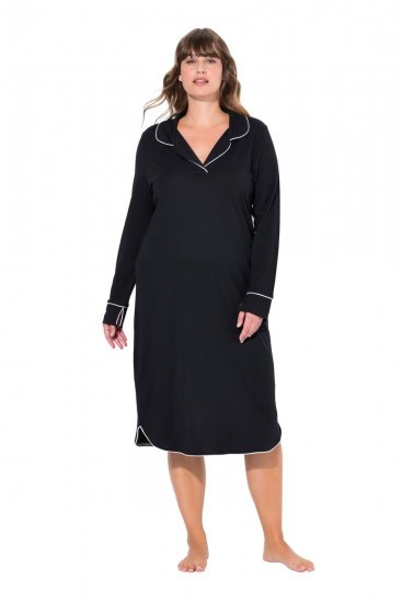 Ulla Popken 812447 Camisa de noite com gola de camisa Preto - Camisas de noite - 