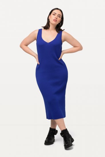 Ulla Popken 817591 Vestido de malha com decote em V Azul - Vestidos de malha - 