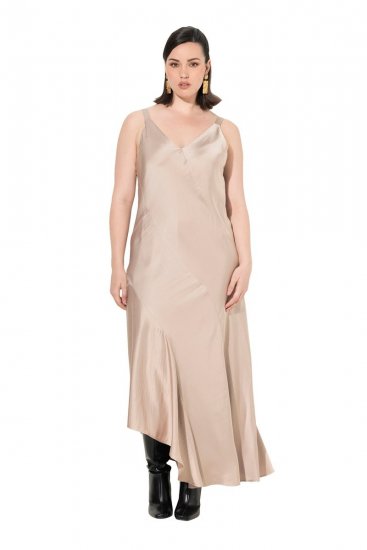 Ulla Popken 820341 Vestido de cetim sem mangas Taupe - Vestidos de noite - Vestidos de festa em tamanhos grandes
