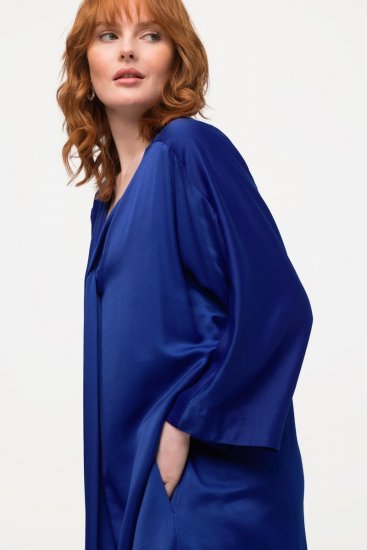 Ulla Popken 821110 Vestido de cetim de manga curta com decote em V Azul-marinho - Vestidos de noite - Vestidos de festa em tamanhos grandes