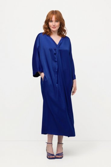 Ulla Popken 821110 Vestido de cetim de manga curta com decote em V Azul-marinho - Vestidos de noite - Vestidos de festa em tamanhos grandes
