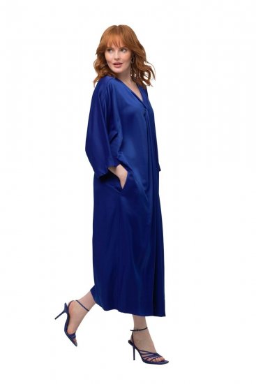 Ulla Popken 821110 Vestido de cetim de manga curta com decote em V Azul-marinho - Vestidos de noite - Vestidos de festa em tamanhos grandes