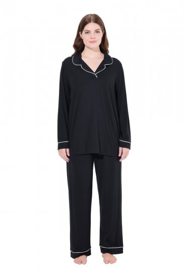 Ulla Popken 823030 Pijama com gola de camisa Preto - Pijamas/Loungewear - 
