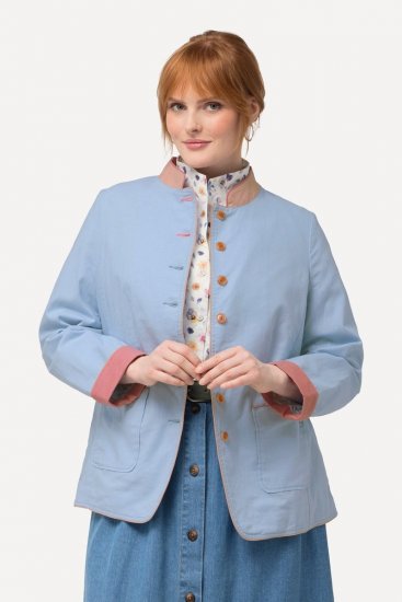 Ulla Popken 823538 Blazer em mistura de linho com gola alta Azul claro - Blazers e Coletes - Blazers em Tamanhos Grandes