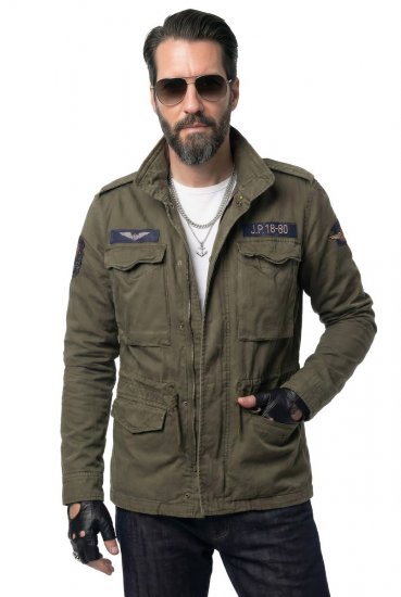 JP1880 Field Jacket with Badges Vintage Look TALL Moss Green - TALL casacos - Casacos TALL para homens altos
