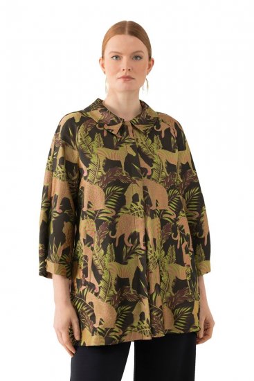 Ulla Popken 827217 Blusa camiseira de manga curta com padrão savana Preto - Camisas - Camisas para Tamanhos Grandes