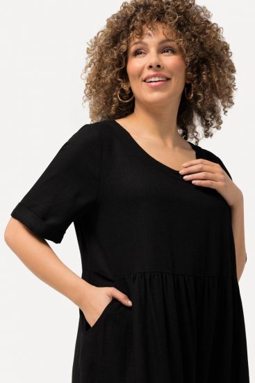 Ulla Popken 829837 Vestido de mistura de linho de manga curta Preto - Vestidos de verão - Vestidos de verão plus size
