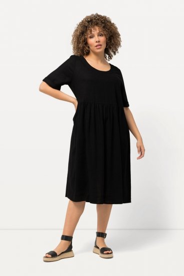 Ulla Popken 829837 Vestido de mistura de linho de manga curta Preto - Vestidos de verão - Vestidos de verão plus size