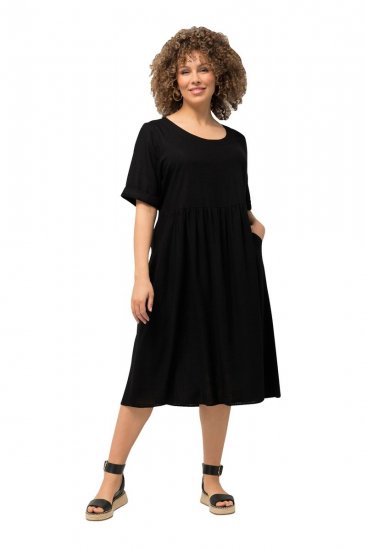 Ulla Popken 829837 Vestido de mistura de linho de manga curta Preto - Vestidos de verão - Vestidos de verão plus size