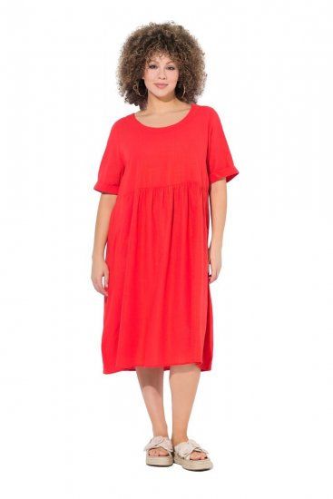 Ulla Popken 829837 Vestido de mistura de linho de manga curta Vermelho - Vestidos de verão - Vestidos de verão plus size