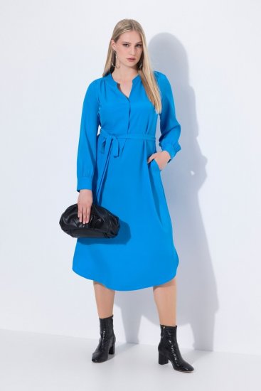 Ulla Popken 831004 Vestido midi de manga comprida com decote em V Azul real - Vestidos midi - Vestidos Midi Tamanhos Grandes