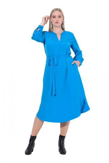 Ulla Popken 831004 Vestido midi de manga comprida com decote em V Azul real - Vestidos midi - Vestidos Midi Tamanhos Grandes