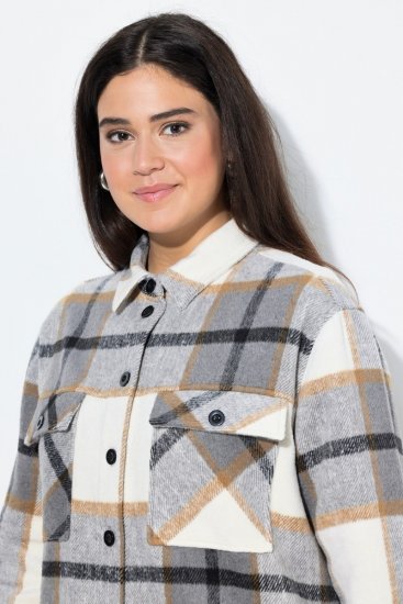 Ulla Popken 831641 Sobrecamisa aos quadrados em mistura de lã Antracite - Jaquetas - Casacos plus size para mulher