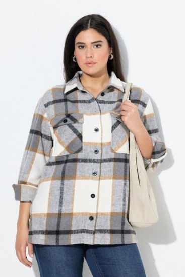 Ulla Popken 831641 Sobrecamisa aos quadrados em mistura de lã Antracite - Jaquetas - Casacos plus size para mulher