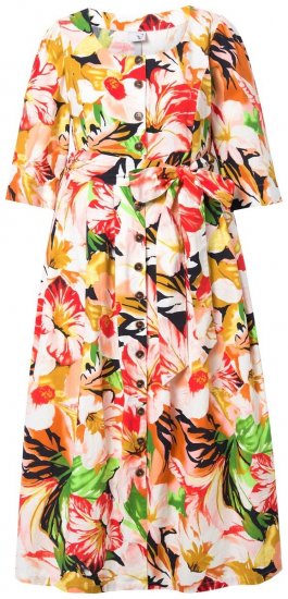 Ulla Popken 832512 Vestido de mistura de linho floral com manga 3/4 Vermelho - Vestidos maxi - Vestidos maxi plus size para mulher
