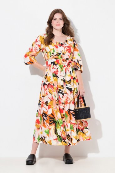 Ulla Popken 832512 Vestido de mistura de linho floral com manga 3/4 Vermelho - Vestidos maxi - Vestidos maxi plus size para mulher