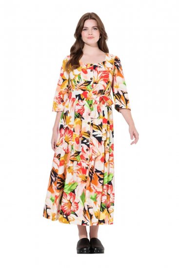 Ulla Popken 832512 Vestido de mistura de linho floral com manga 3/4 Vermelho - Vestidos maxi - Vestidos maxi plus size para mulher