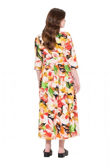 Ulla Popken 832512 Vestido de mistura de linho floral com manga 3/4 Vermelho - Vestidos maxi - Vestidos maxi plus size para mulher
