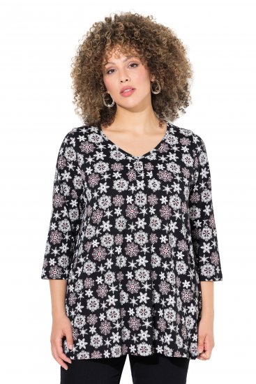 Ulla Popken Snowflake Print 3/4 Sleeve A-Line Tee Black - T-shirts estampadas para mulher - 