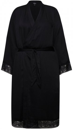 Ulla Popken 834837 Roupão quimono com renda Preto - Robes & roupões - 
